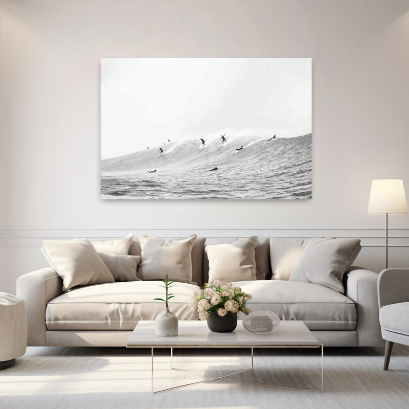 Art mural abstrait contemporain Wave Surfers BW, H 40 po x l 60 po