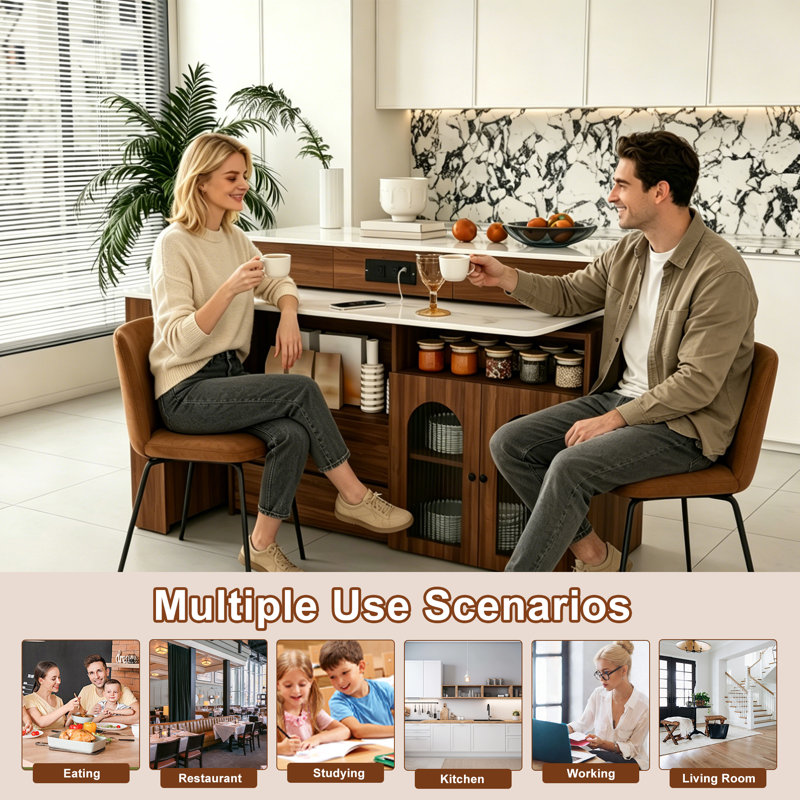 Îlot de cuisine extensible de 47 pouces avec table à manger pivotante, prises électriques intégrées et armoires vitrées cintrées