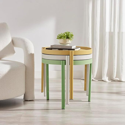 Nesting Plastic Coffee Table with Metal Legs, Stackable Coffee Table, Quick Assembly, Set of 3, White + Yellow + Green