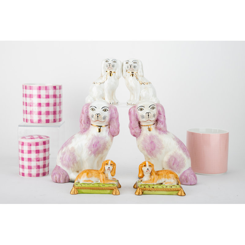 Staffordshire Style Porcelain Dog Pair Pink Accents