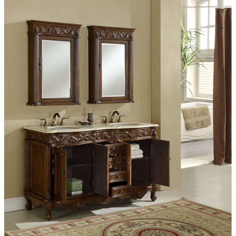 60'' Double Bathroom Vanity with Marble Top, Teak, Cream