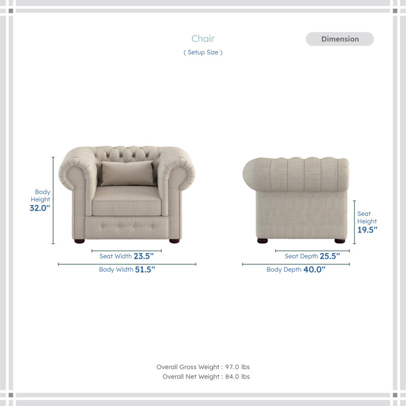 Chaise Kennelly de 52 po en tissu texturé moderne et contemporain de style chesterfield classique, capitonnage élégant