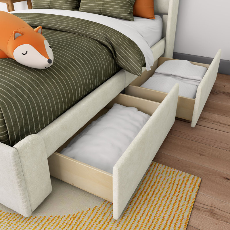 Solid Wood Upholstered Bed with Rectangular Headboard with 2 Drawer Side Storage, Cream, Full