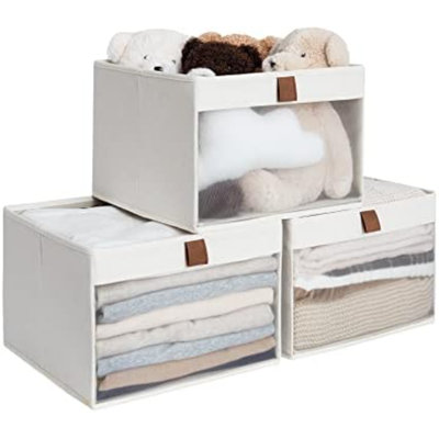Paniers de rangement pour garde-robe, grands paniers de rangement avec fenêtre transparente et poignées, organisateur de tissu pliable pour les vêtements, tablettes, beige, paquet de 3