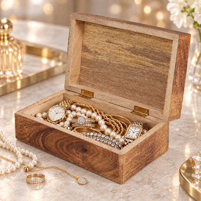 Boîte à bijoux Blossom en bois de manguier sculpté à la main, 19 x 11,5 cm, avec couvercle à charnière