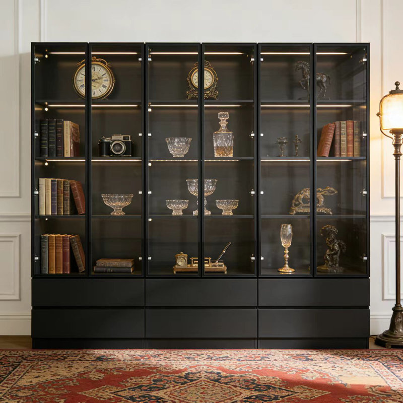 63'' W Large Display Case Curio Cabinet With 6 Drawers & LED Light