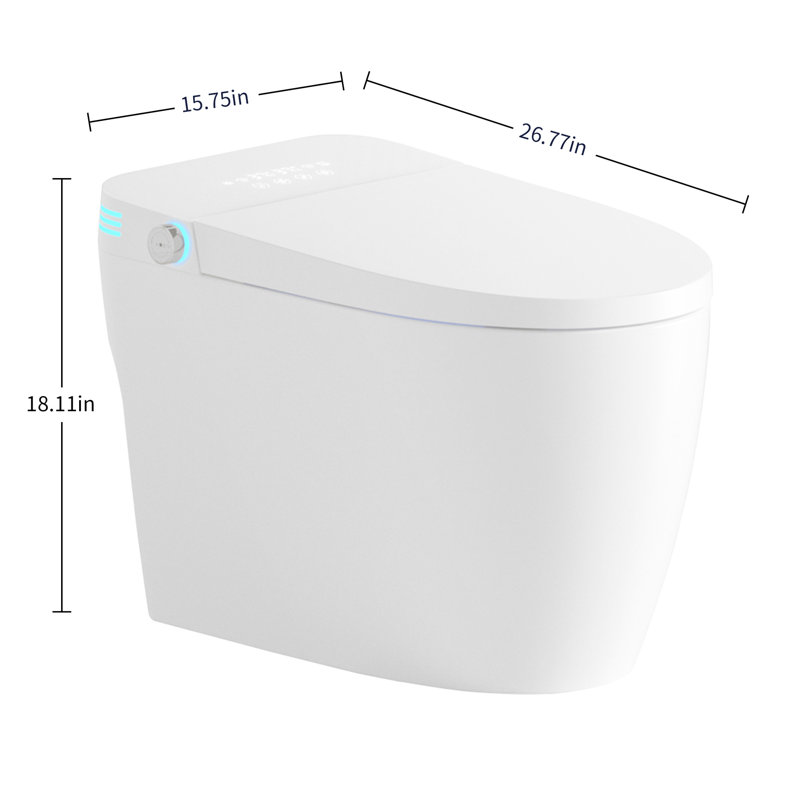 One - Piece Smart Toilet With Built In Bidet, Design, Auto Flush And Open/Close, Heated Seat Adjustable Temp, Warm Water Dry, Remote Control Side Know, Sensor Cover, Rear Wash Massage Modes, Night