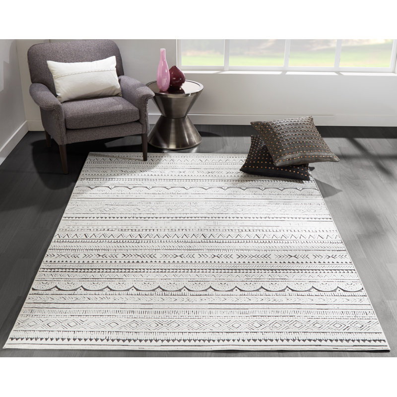 Adhitya Power Loom Ivory/Charcoal Rug, Rectangle 3'11" x 5'7"
