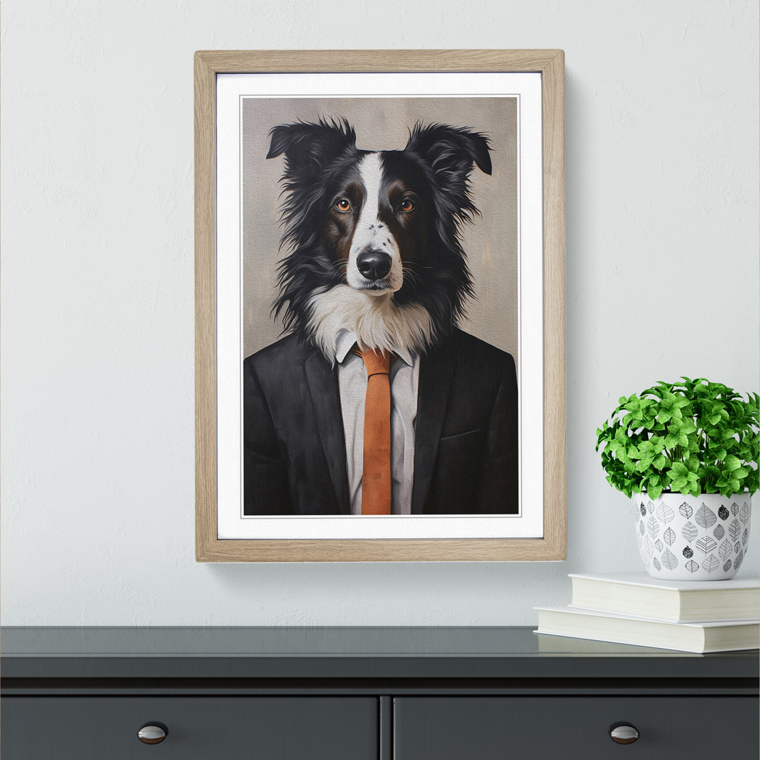 Border Collie in a Suit Painting - Framed Print