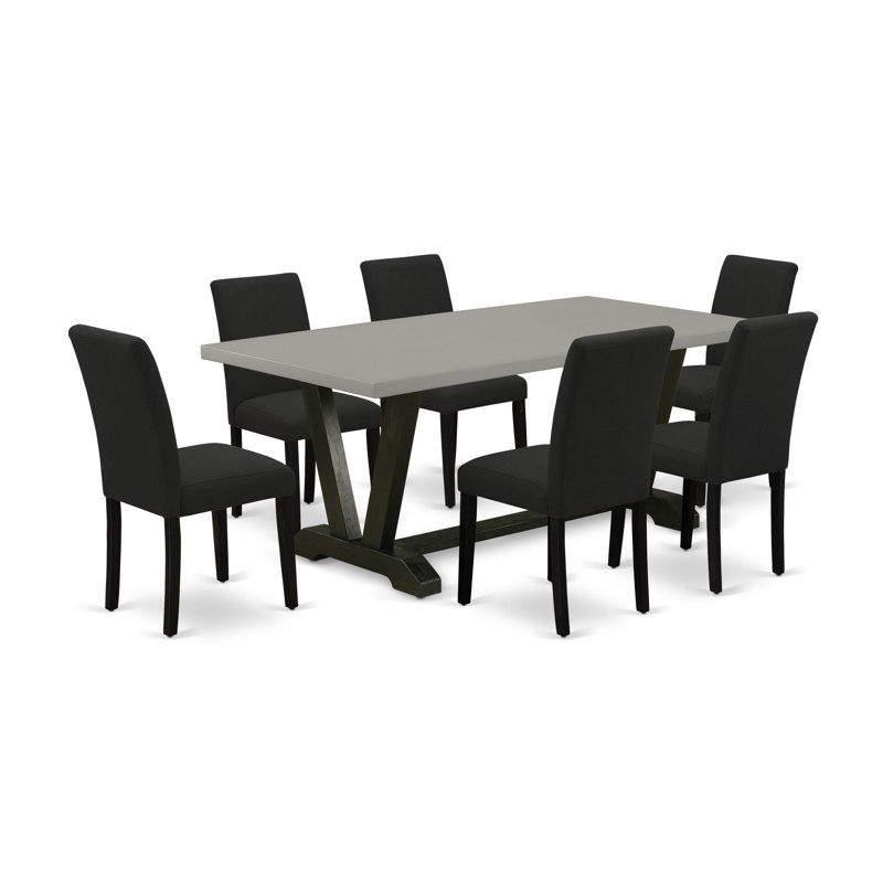 L'ensemble de salle à manger 7 pièces contient une table de salle à manger en ciment et 6 chaises de salle à manger en tissu de lin noir avec dossier haut - finition de dossier brossée