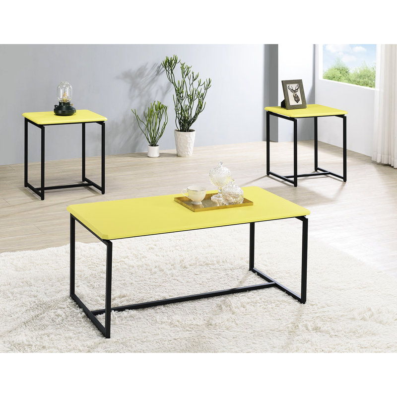 Table basse l 39,5 po et bout l 19 po x P 15,5 po - Enveloppe en fibre de carbone jaune avec cadre en métal enveloppé 1 table, 2 tables, coins inclinés, pieds réglables