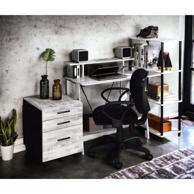 Bureau blanc antique et noir au design moderne et fonctionnel - Piètement métallique stable, rangements et tiroirs pour une organisation optimale du travail, double prise électrique.