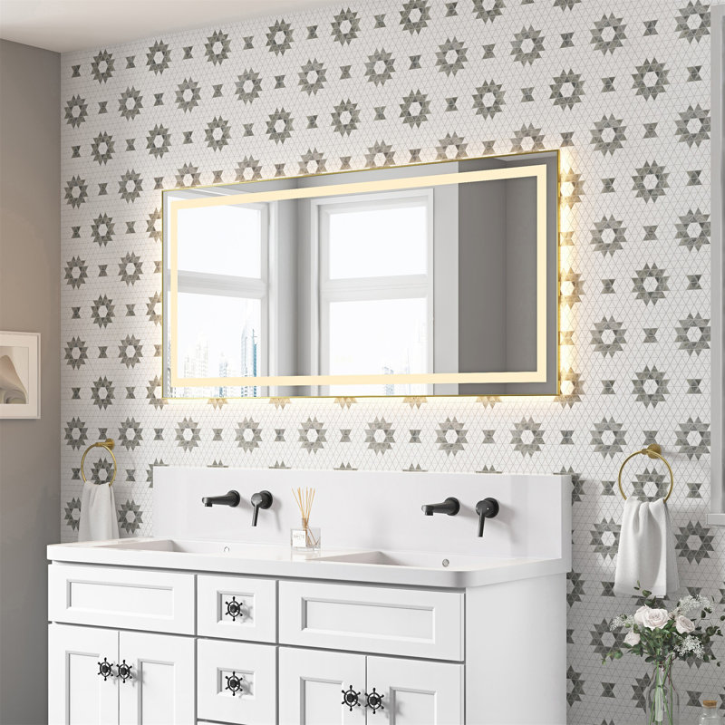 Miroir de salle de bain 60 "x 28" à DEL avec façade et rétroéclairage, 28 po x 60 po, Or brossé