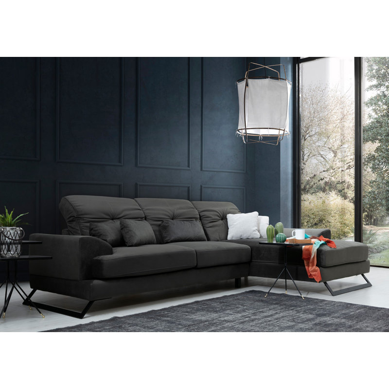 Élégant canapé d'angle de couleur anthracite, 121,3 po x 74,8 po x 36,2 po | Structure en bois de hêtre et en carton, tissu 100% polyester, dossier réglable | Coussins en mousse et en silicone gris doux | Parfait pour les salons modernes et les décors industriels