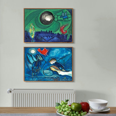 "Giclée sur toile encadrée", ensemble de 2 pièces par Marc Chagall, série d'art mural n ° 04 pour les décorations de bureau à domicile (cadre de couleur bois mince, 18 po x 24 po chaque pièce)