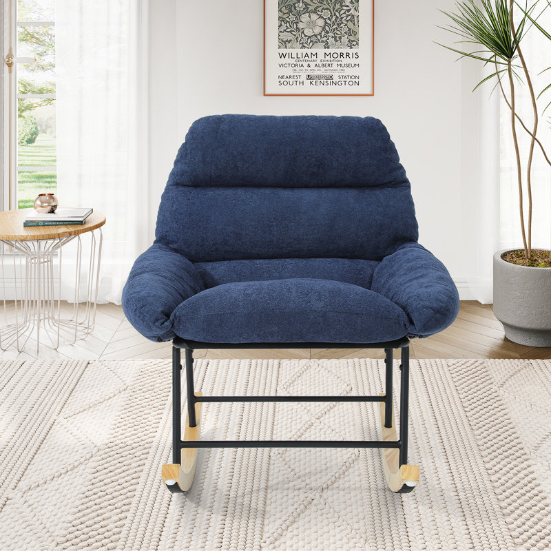 Chaise berçante à dossier haut en bois massif, Bleu / gris laine d'agneau