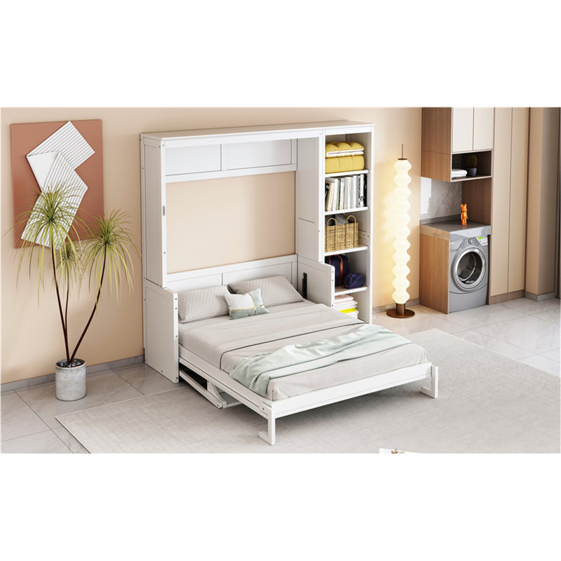 Lit escamotable avec bureau et bibliothèque Murphy, Blanc, Lit double