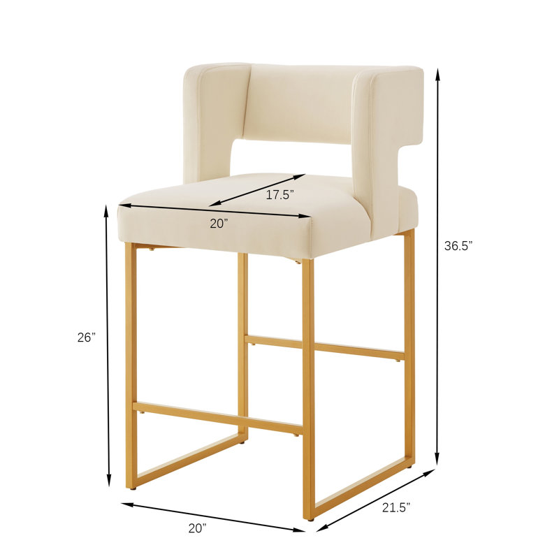 Tabouret de bar moderne à hauteur de comptoir en velours crème avec dossier carré et repose-pieds en métal