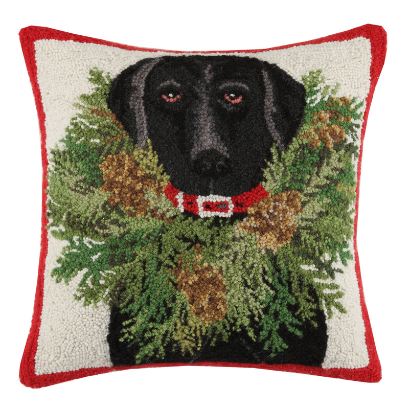 Black Lab with Wreath Wool Hook Pillow - 18" Square