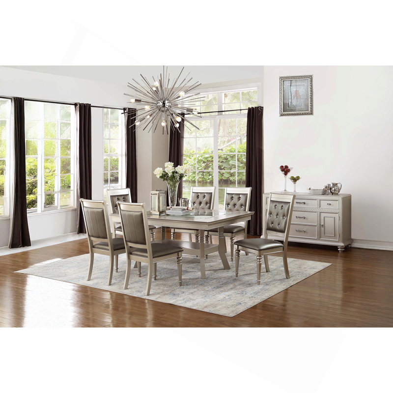 Formal Lavish 7pc Dining Set Traditional Silver Finish Dining Table And 6x Chairs Tufted Upholstered