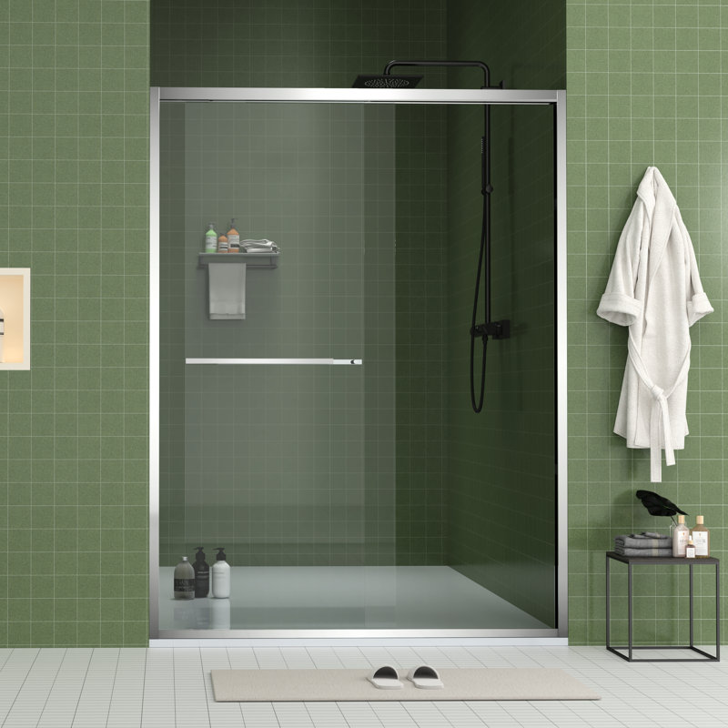 60" Wide And 70" High Aluminum Frame Bypass Bathroom Sliding Door With Double Handle As Towel Rail, - Crash Angle, Mute Rollers, Easy To Install 56 Adjustable Width 8Mm & Tempered Glass, Stainless