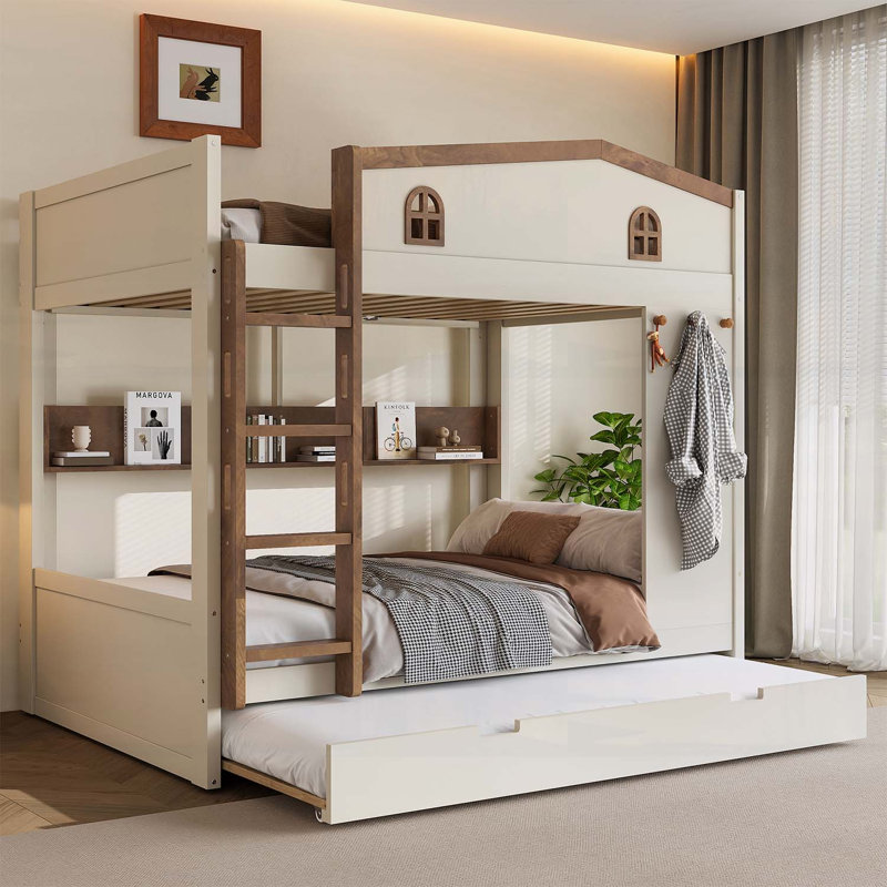 Lit superposé double avec lit gigogne, tablettes de rangement et crochets, bois massif, aucun sommier nécessaire, beige et naturel