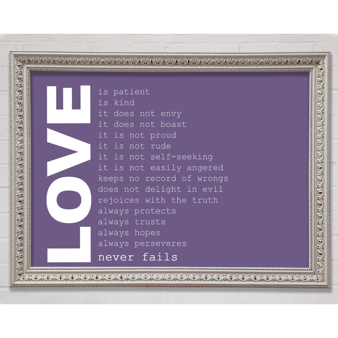 Liebeszitat Love Never Fails Lilac - Druck