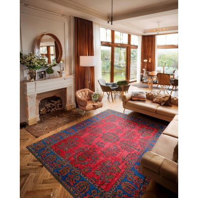 Tapis oriental en coton tissé à la machine rouge et bleu Cece
