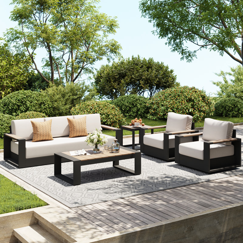 5 - Piece Outdoor Seating Group With Cushions With A Side Table, 5 Pcs: 2 Tables, Sofa, 2 Chairs, Swivel Chair, Gray