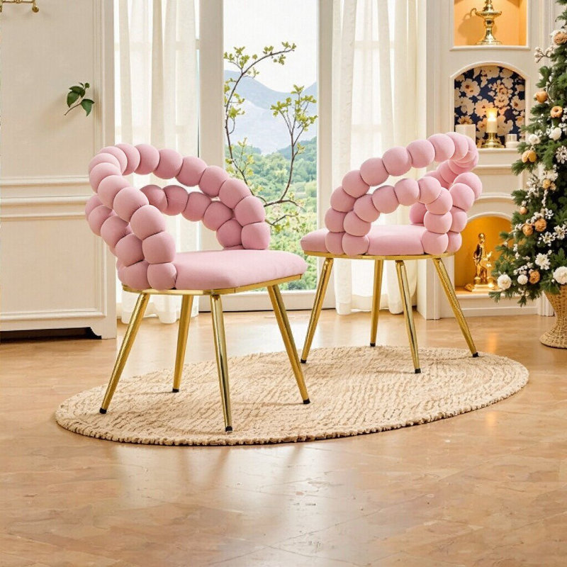 Chaise de salle à manger moderne en velours avec dossier à bulles et pieds en métal doré, ensemble de 2, Or / rose