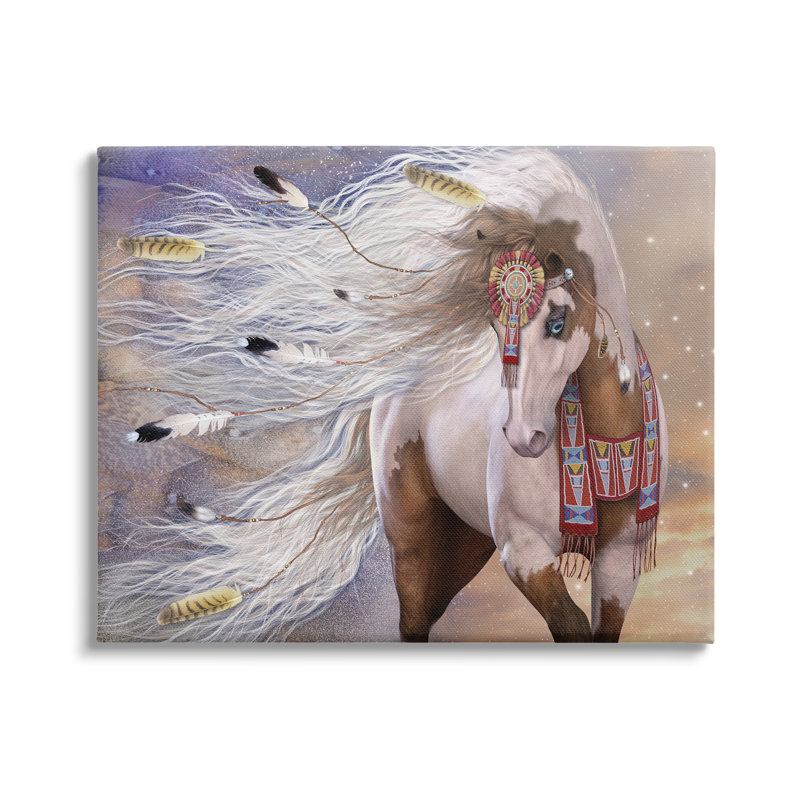 Cheval avec des plumes sur toile par Laurie Prindle, H 36 po x l 48 po x P 1,5 po