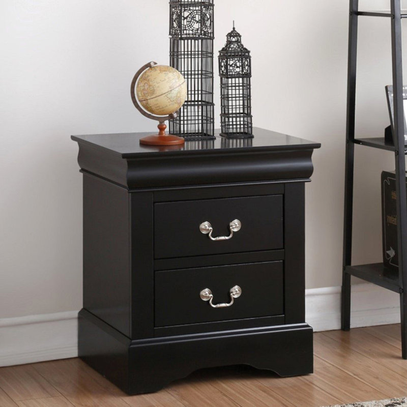 Table de chevet 2 tiroirs noire pour la décoration de la chambre à coucher avec tiroirs en métal élégants, poignée coulissante et poignée en nickel