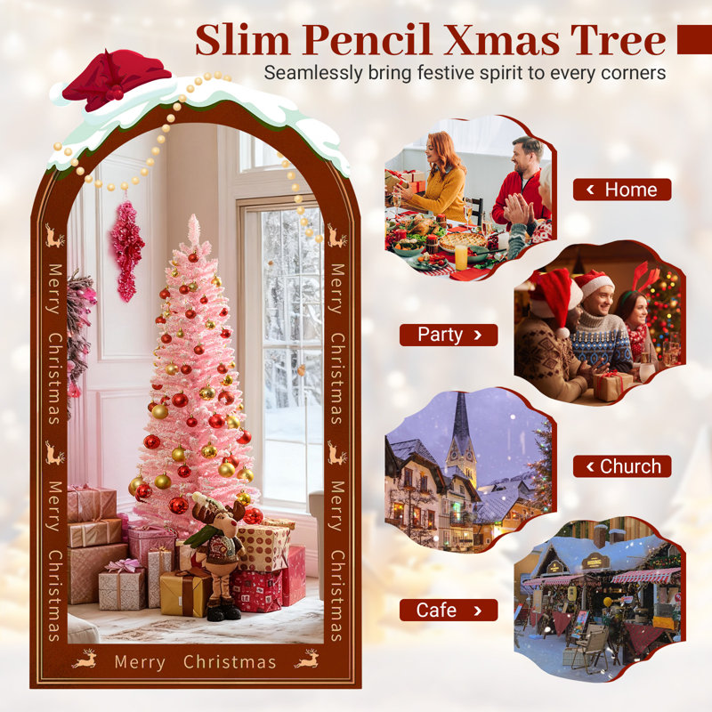 Arbre de Noël artificiel mince avec embouts de branches floquées et support en métal, 5
