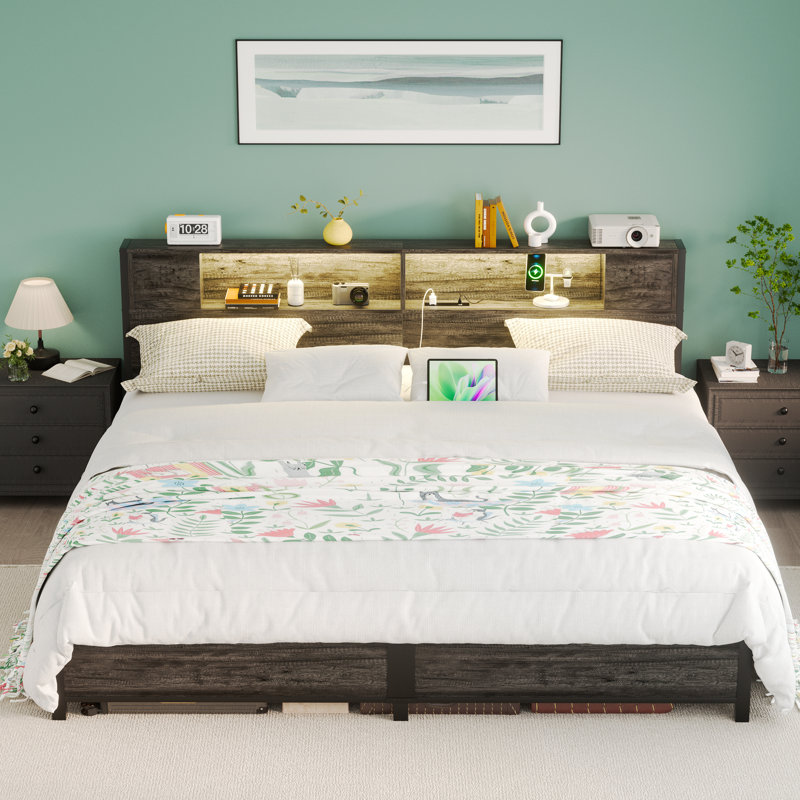 Metal Bed Frame With Headboard,2 Cabinets With Doors, LED Lights And USB Ports, Large Storage Space, King, Black