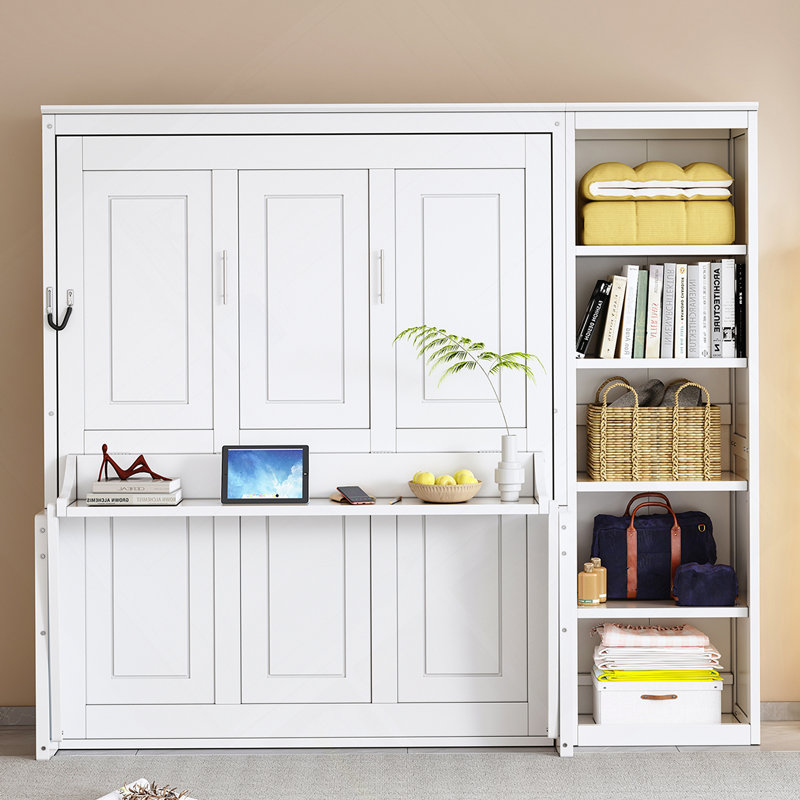 Structure de lit, lit escamotable avec bureau et bibliothèque, Double, Blanc