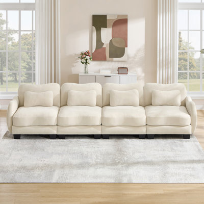 Oversize Chenille Supportive 4-Seater Sofa , With 4 Exquisite Waist Pillows,  Ergonomic Curved Design, Easy to Assemble Modular Couch for Living Room Office,  Beige
