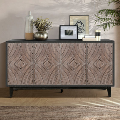 Armoire Mid-Century Mid-Century de 60 po pour la salle à manger, 4 portes à motif concave et convexe, 2 tablettes, grand rangement avec pieds en bois massif