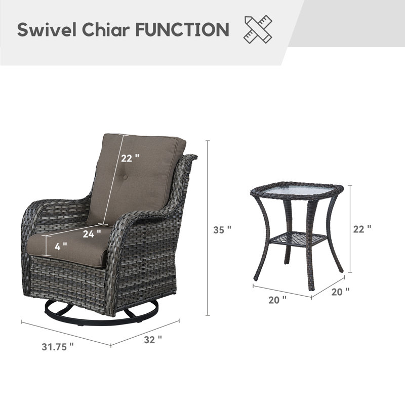 New Caro 2 - Person Outdoor Seating Group PE Wicker Swivel Glider Chair With Cushions With Side Table, Gray