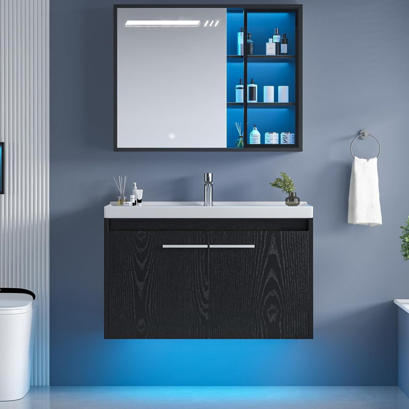 31" Black Floating Bathroom Vanity with Sink, Modern Clearance Bathroom Vanities LED Light, Black