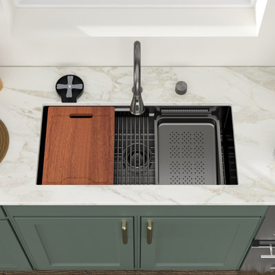 Évier de cuisine avec station de travail encastrable L 33 po x l 16,72 po x P 10 po avec robinet à cascade intégré et robinet à 16 cuves en acier inoxydable avec robinet coulissant et accessoires