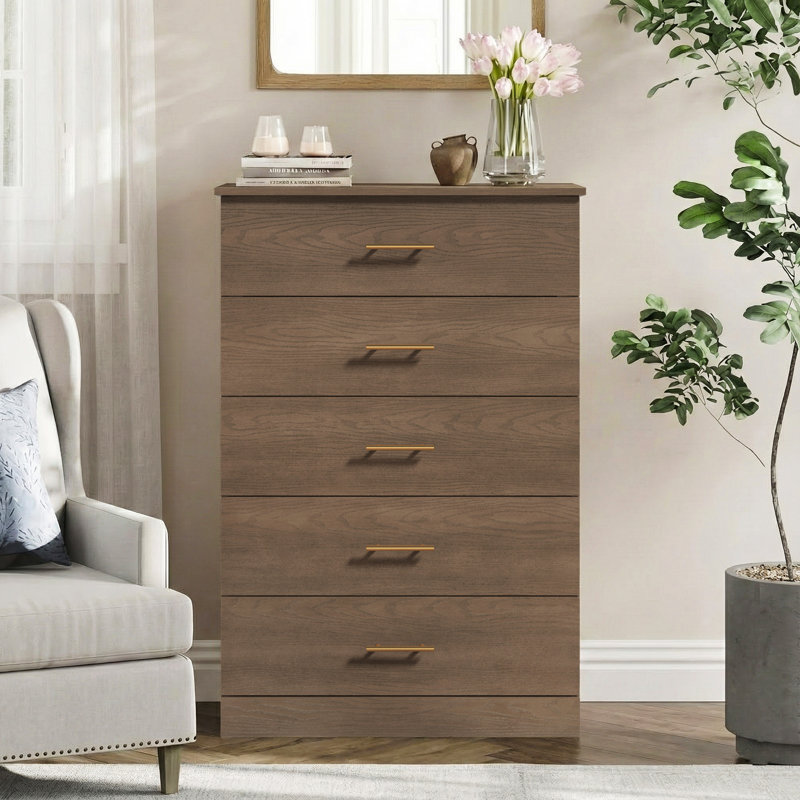 Mouton 31.3"W Modern 5 Drawer Chest, Dark Brown Oak