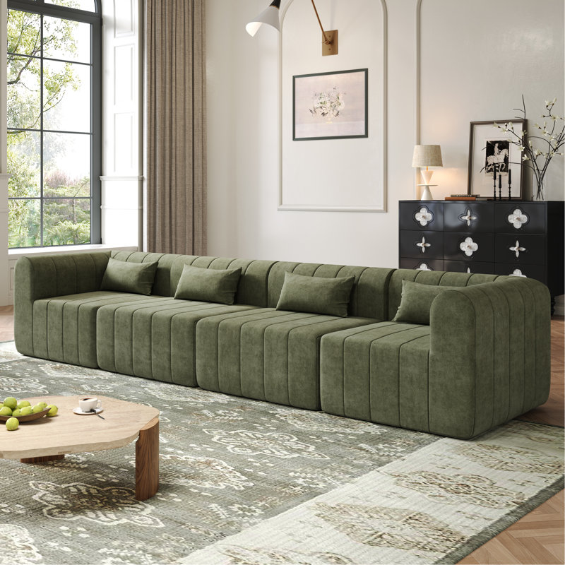 Canapé modulaire entièrement compressé de 145,5 pouces, canapé modulaire rembourré en polyester vert avec 4 pièces, canapé modulaire en éponge comprimé pour le salon