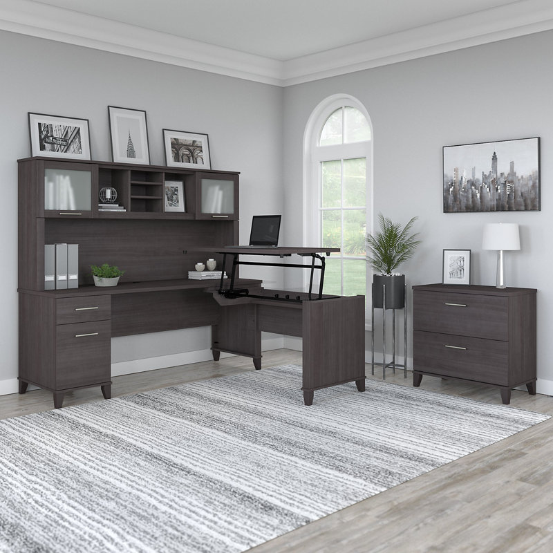 Bureau debout en L avec rehausse Magomed, Gris orage