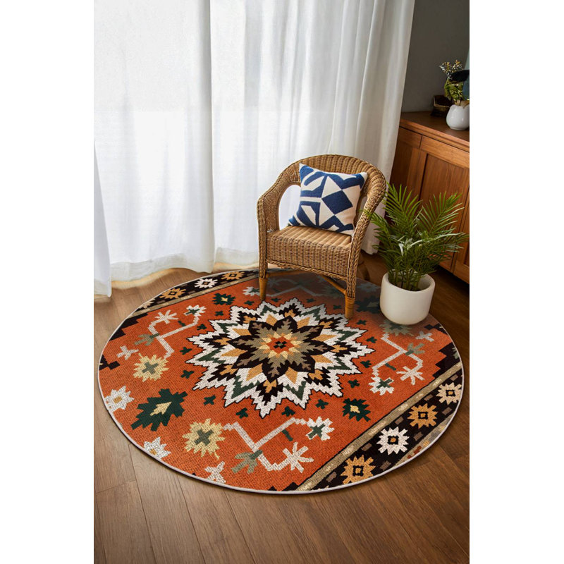 Tapis marocain beige / brun en coton et polyester à imprimé numérique Madeline Collection, Rond 3 pi 4 po