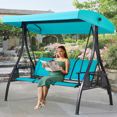 3 Seat Outdoor Swing With Canopy, Patio Swing Chair With PVC-coated polyester Backrest & 2 Cup Holders For Backyard, Porch, Garden