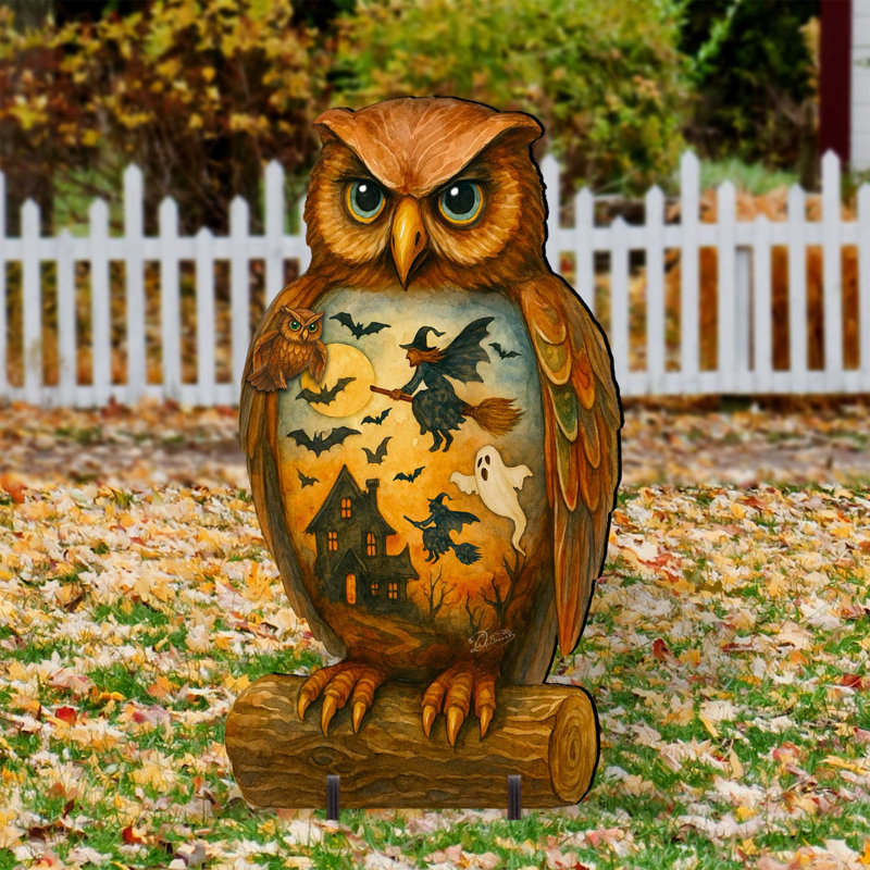 Halloween Hibou autoportant Lidell - présentoir de jardin en bois fabriqué à la main par G. Debrekht