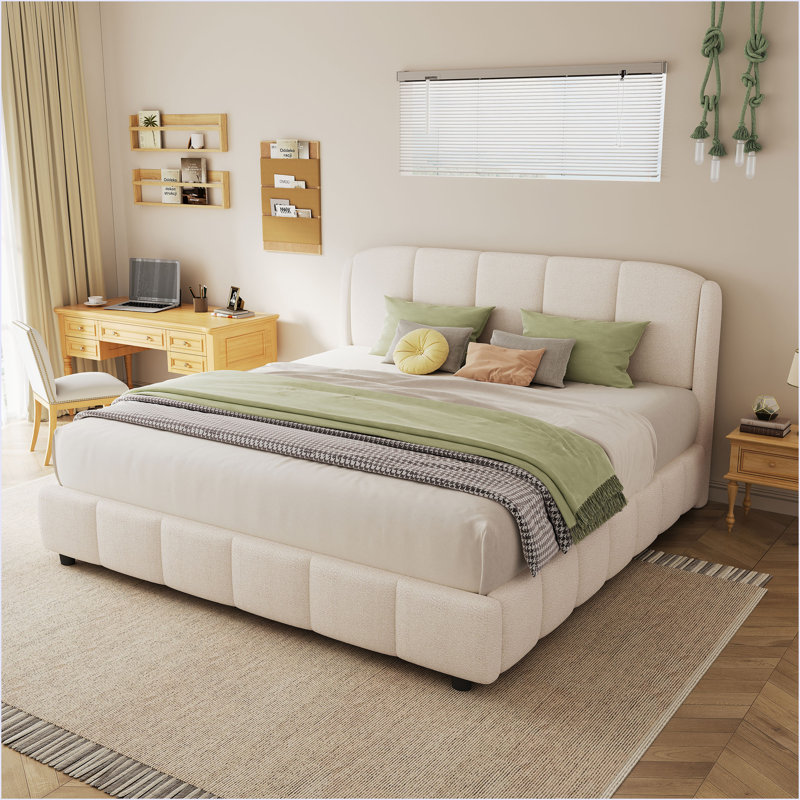 Lit plateforme grand avec tissu Boucle, lit plateforme tapissier en tissu doux avec tête de lit courbée