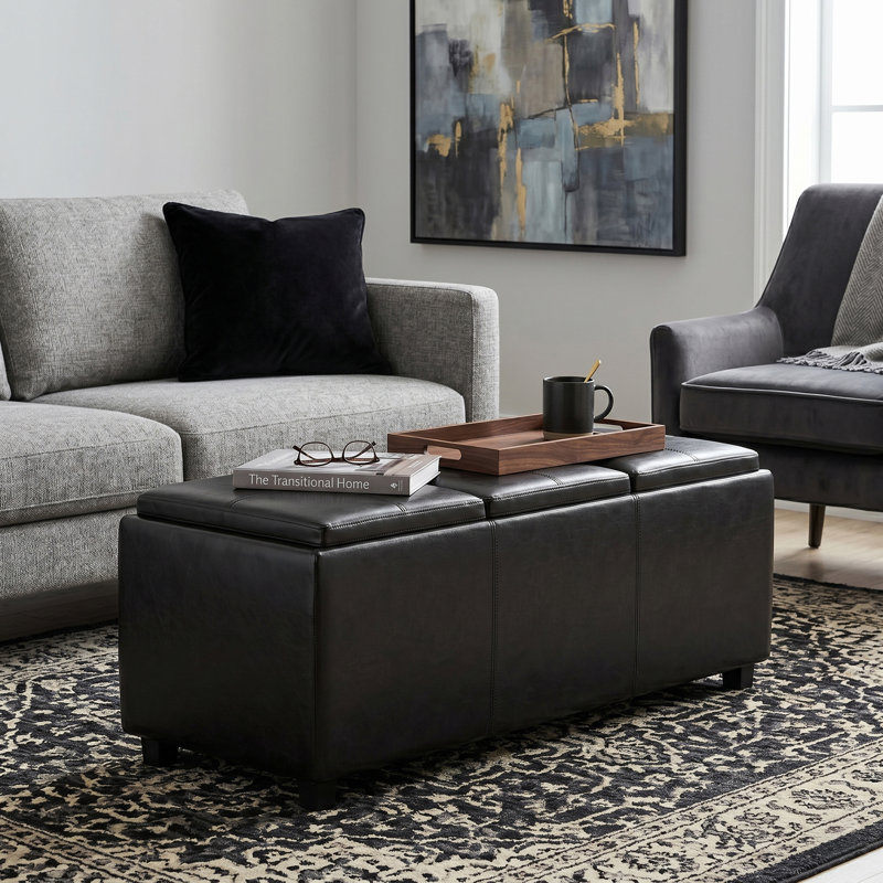 Avalon 42"W Upholstered Contemporary Rectangular Flip-Top Storage Ottoman with Hidden Storage, Midnight Black Faux Leather