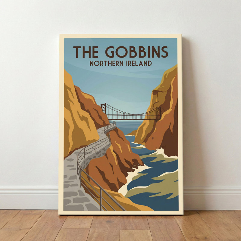The Gobbins, Northern Ireland - Romantic Coastal Travel Poster of Cliff Path and Sea Bridge. Giclee Print on Wrapped Canvas. Wall Art, Home Decor - Coastal & Maritime, Northern Ireland 1 Piece Wrapped Canvas Wall Art