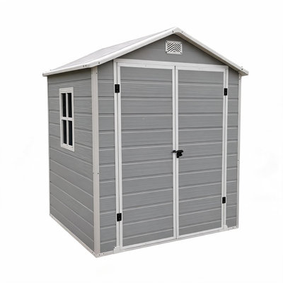 4.4 x 6 Resin Storage Shed with Floor, Outdoor Garden Tool Shed with Lockable Door & Window, Weatherproof Plastic Storage for Backyard Patio Lawn, Grey